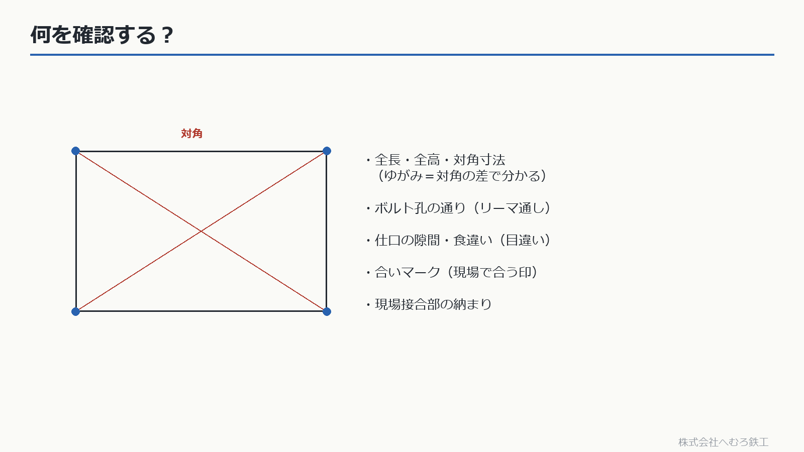 仮組立で確認する項目(対角・孔の通り・食違いなど)