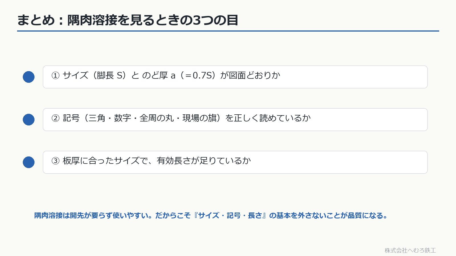 隅肉溶接を見るときの3つのチェックポイント